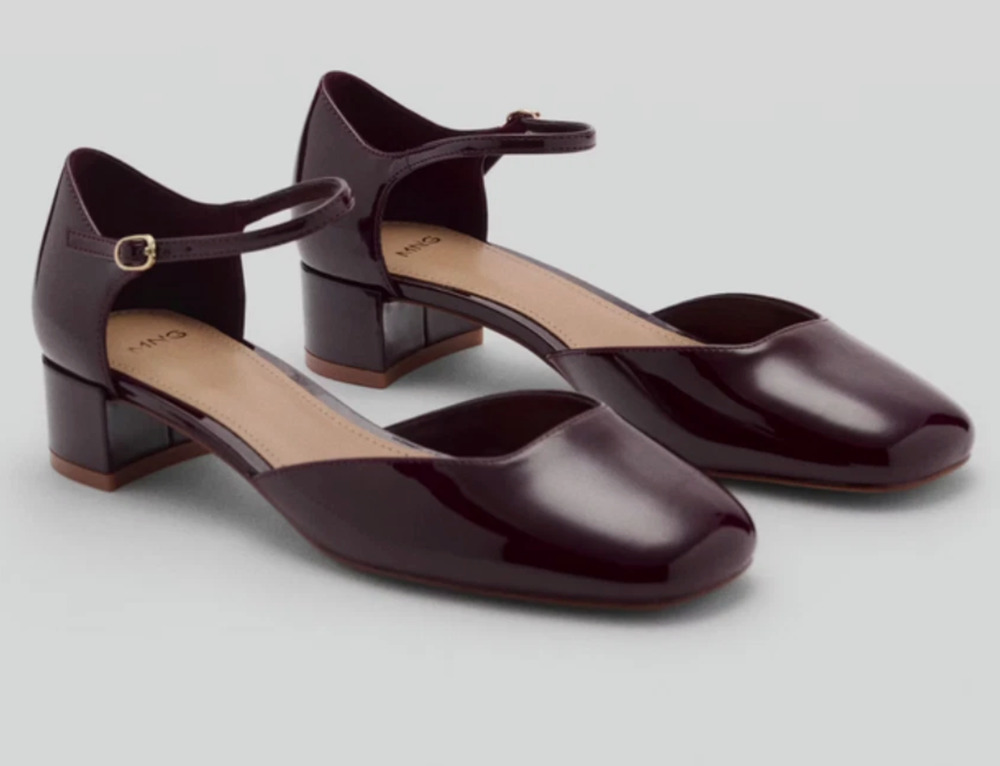 NEW MANGO MNG BURGUNDY PATENT ANKLE STRAP BLOCK HEELS SHOES SZ 38 US 7.5 - Picture 2 of 8